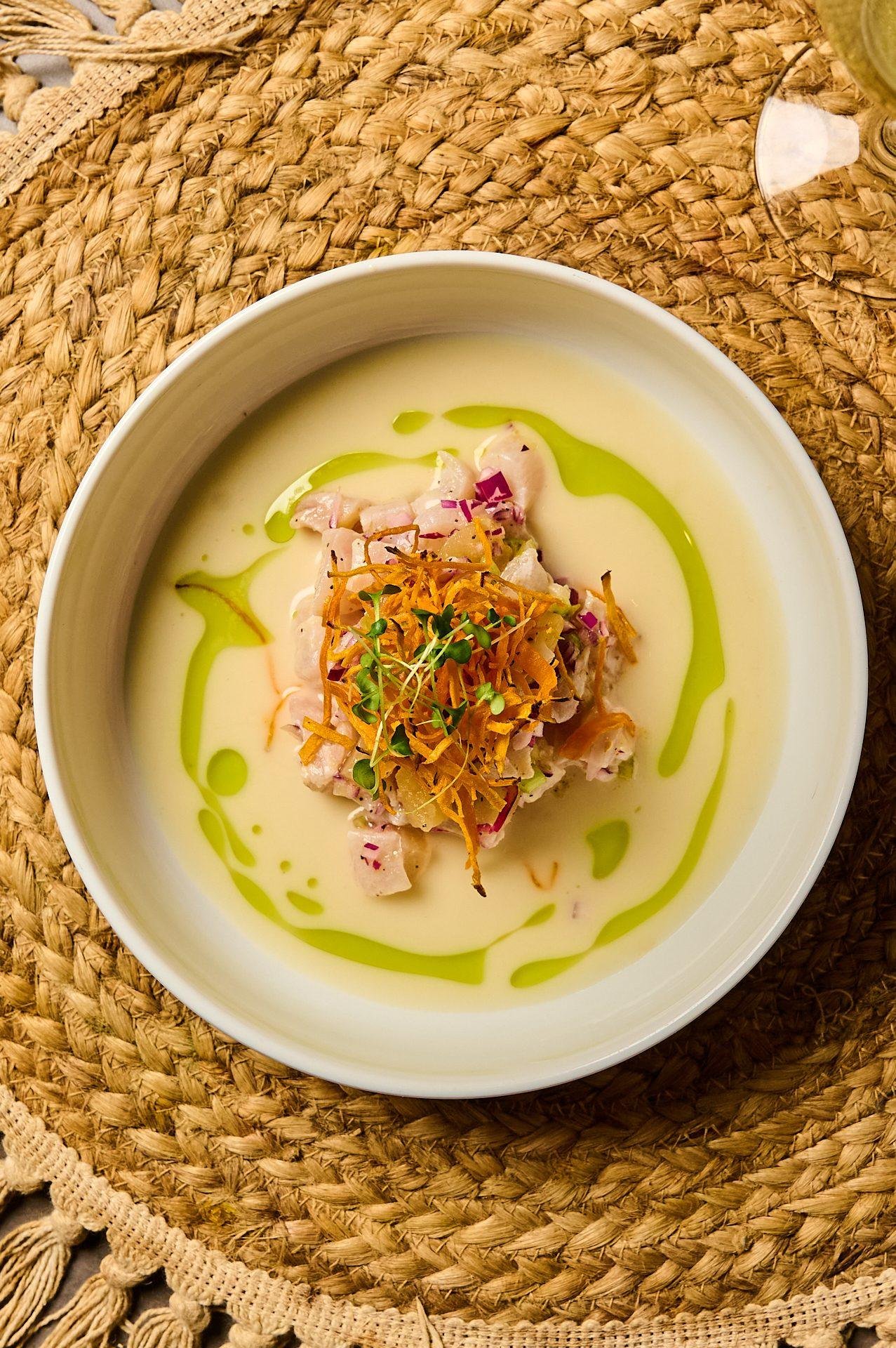 Sea bass ceviche with coconut tiger's milk and crispy plantain strands